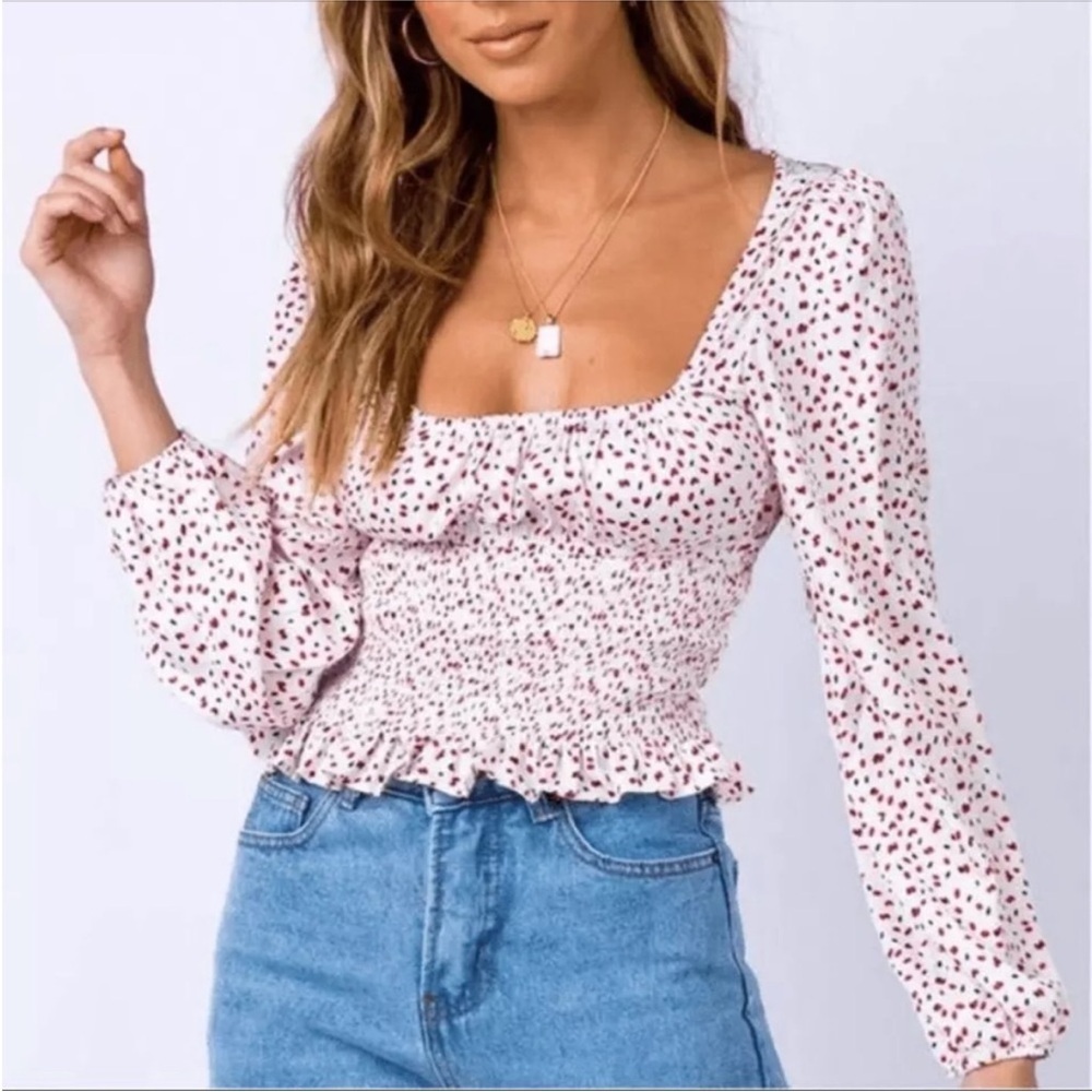 Princess Polly Pink Polka Dots Patterned Smocked Long Sleeve Blouse